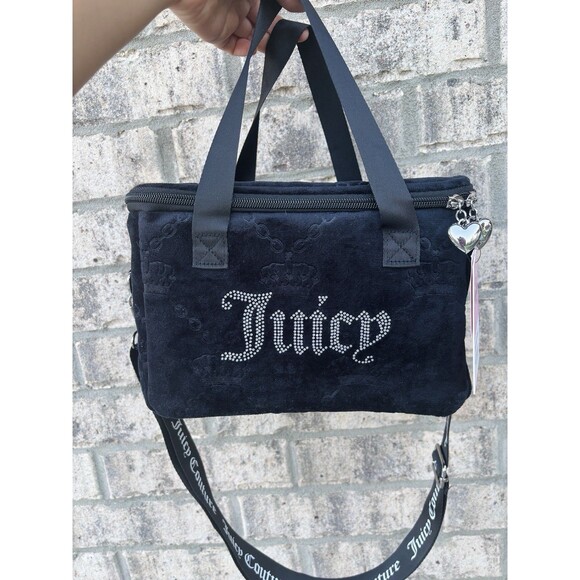 Juicy Couture Handbags - Juicy Couture Black Velour Cooler Bag Rhinestone Logo Insulated Lunch Tote NWT